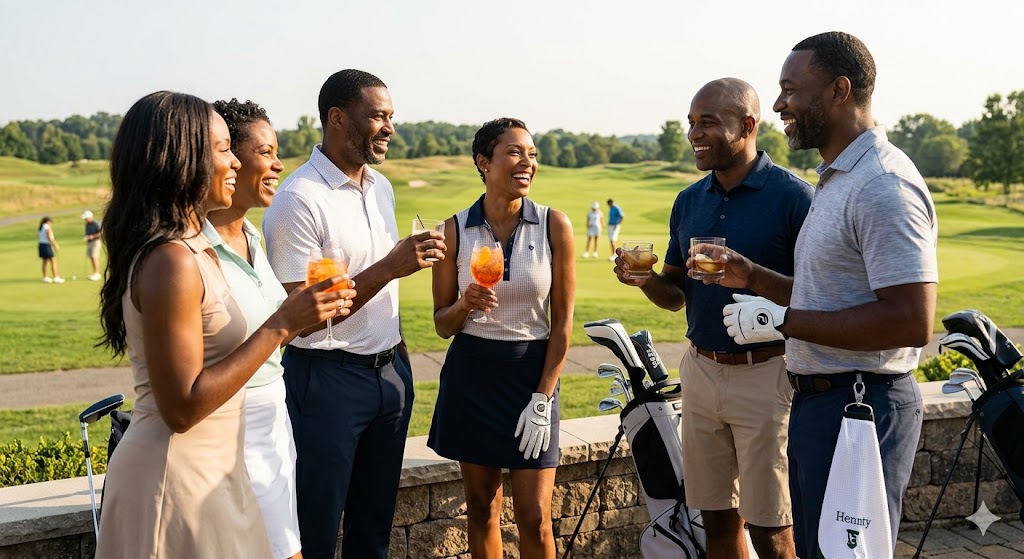 Friends toasting on the golf course at sunset